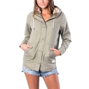 Rip Curl Sherpa Lined Military Jacket‎ Hooded Button Up Coat Olive Green